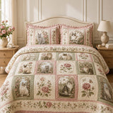 H.PAI Vintage Rose Cat Garden Quilted 3-Piece Bedding Set