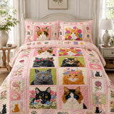 H.PAI Floral Cat Portrait Quilted 3-Piece Bedding Set