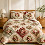 H.PAI Vintage Rose Garden Quilted 3-Piece Bedding Set